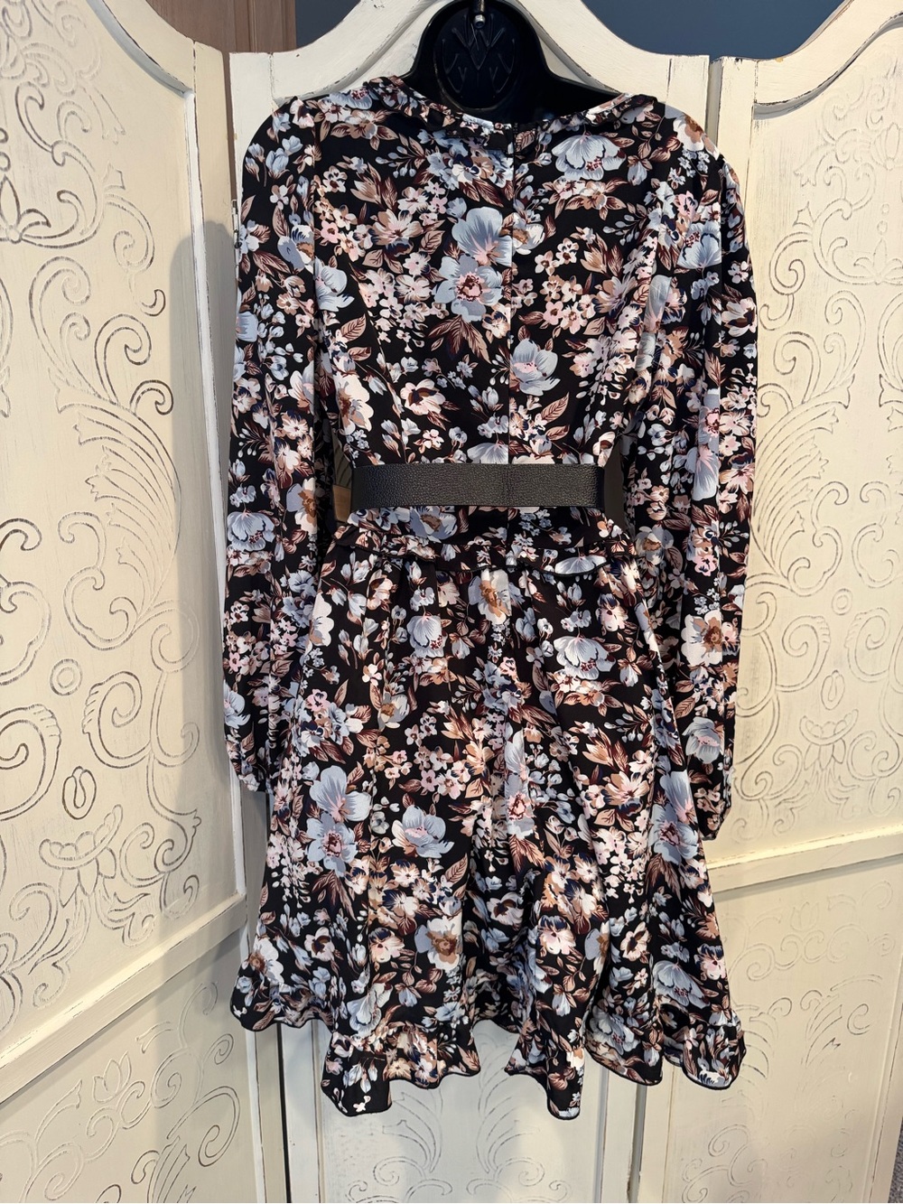 Black Floral Long-Sleeve Ruffle Dress